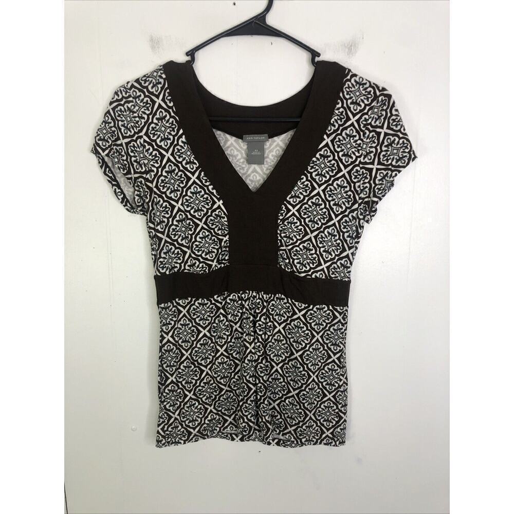 Ann Taylor Babydoll Top Womens XS Jersey Geometric Short Sleeve Y2K Chocolate